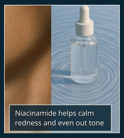 Minimal flat lay of a serum dropper bottle beside soft water ripples under natural light, symbolising how niacinamide calms redness and balances uneven tone.