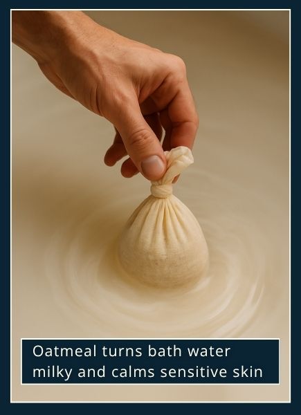 Close-up of a man’s hand soaking a small oat-filled bag in bath water turning cloudy, showing how oatmeal soothes sensitive skin.