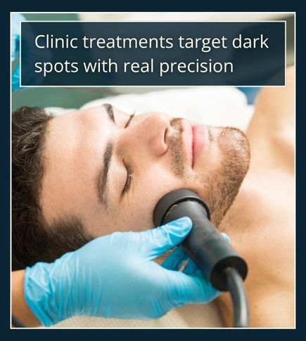 Man receiving gentle facial treatment in a modern clinic, representing advanced options like chemical peels, lasers, and microneedling for dark spots.