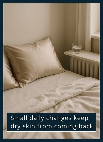Soft daylight on a neatly made bed with satin pillowcases and a bowl of water nearby, symbolising lifestyle tips to prevent dry skin.
