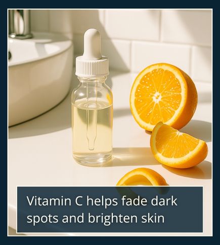 Minimal flat lay of a vitamin C serum bottle beside fresh orange slices in natural light, symbolising brightening and fading dark spots in men’s skincare