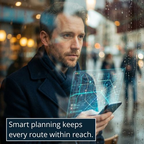 Reflection of a man over a glowing phone map screen, symbolising calm planning of alternate routes and backup venues before a date.