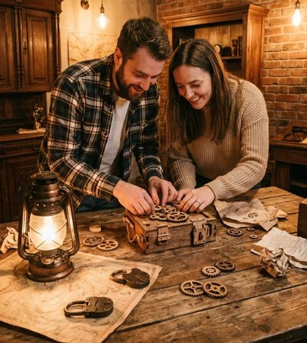 A man and woman in casual clothes working together to solve a puzzle inside a softly lit escape room with vintage industrial decor.