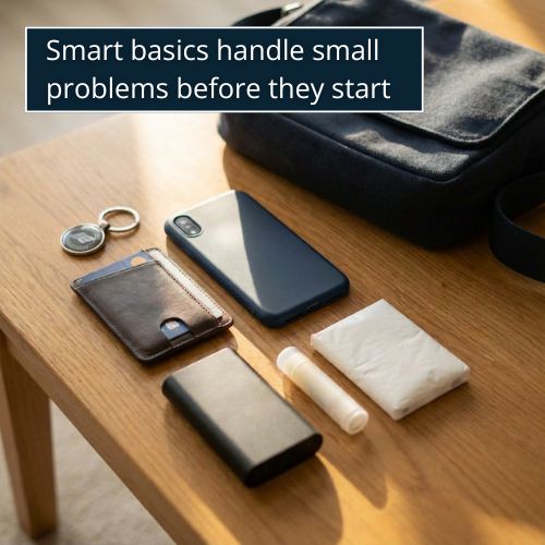 A flat lay of simple essentials: phone, wallet, power bank, card, small pack of tissues, all neatly laid out on a dark wooden surface.