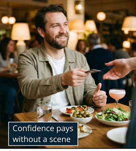 A man seated at a restaurant table, smiling politely as he gestures to the server while holding his card casually in one hand. Focus on natural, confident body language and a friendly tone
