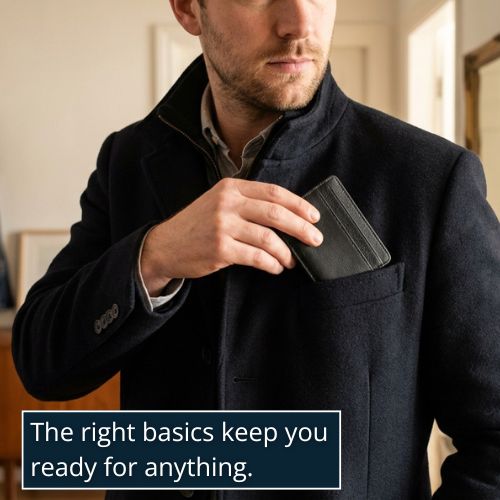 A tight crop of a man’s hand sliding a slim wallet into a jacket pocket, showing motion and intention rather than display