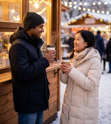 Couple smiling and holding hot drinks at a winter market after ice skating, with warm lights in the background.