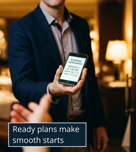 A man standing at a restaurant host stand or entrance, holding his phone up to show a booking confirmation screen.