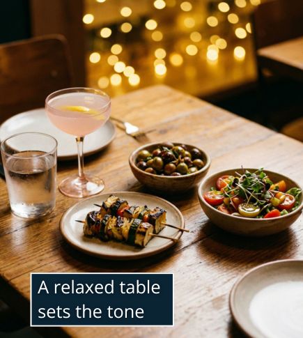 A softly lit restaurant table set for two, showing elegant small dishes like grilled skewers, olives, and a fresh salad, with a glass of water and a light cocktail beside them.