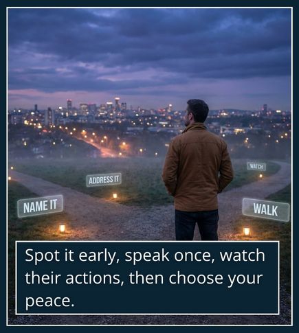 A man standing at a crossroads at dusk with four softly lit paths symbolising steps to handle red flags — name it, address it, watch, and walk away.