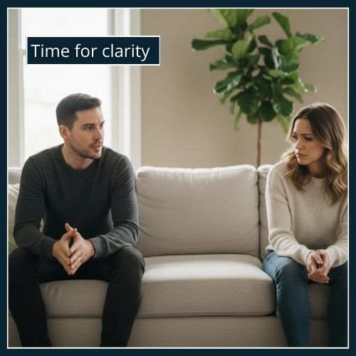 A man calmly asks a serious question on a sofa while the woman sits back looking unsure and avoiding eye contact.