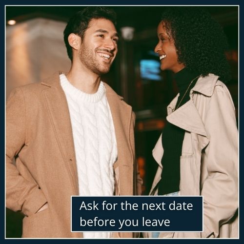 man asking a woman for a second date at the end of their first date