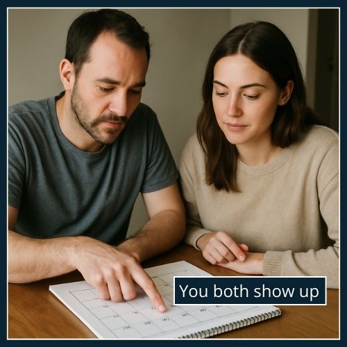 Couple pointing at dates on a calendar while planning together, showing consistent communication.