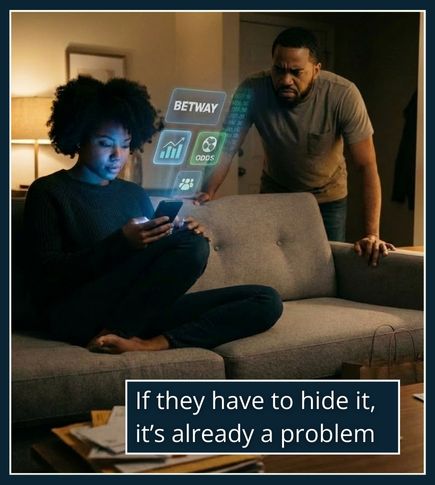 A man in a hallway holding unopened letters and delivery slips notices shopping bags behind a door, showing signs of hidden spending.