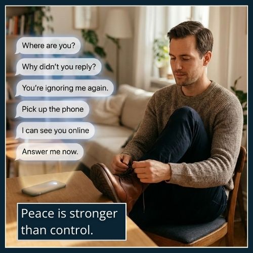A calm man tying his shoelace beside a phone flashing controlling messages on the table, choosing to leave instead of arguing.