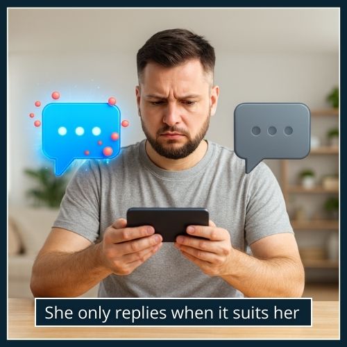 Man comparing two floating message icons above his phone, one full of notifications and one empty, to show inconsistent communication.