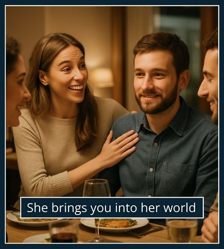 Man being introduced to a woman’s friends at a dinner table, showing he’s included in her life.