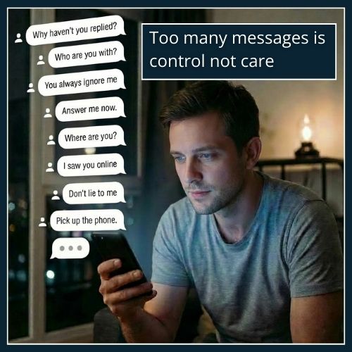 A man stands by a dimly lit window, looking at his phone with quiet frustration. Floating message bubbles above the screen show repeated controlling texts like “Who are you with?” and “Answer me now,” lit by the phone’s glow in a moody evening setting.