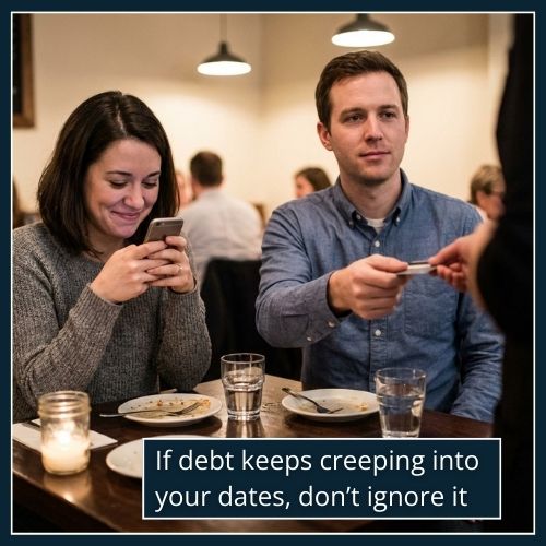 A man pays for dinner while his date looks embarrassed and avoids eye contact, showing hidden financial stress in an early relationship.