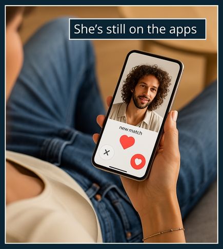 Woman browsing dating apps while sitting next to her partner, showing lack of exclusivity.