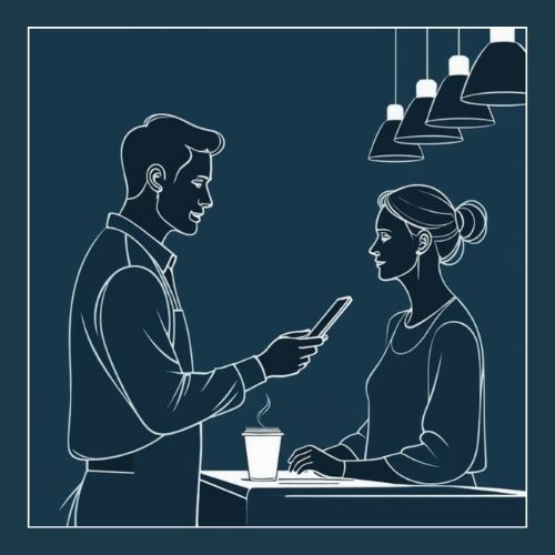 Minimal line art of a confident man talking with a woman across a counter, representing social confidence and communication in men.