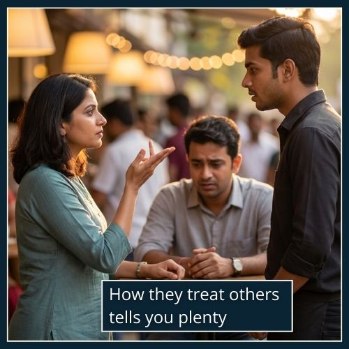 A man at a café table looks uneasy as his date gestures impatiently at a waiter, showing disrespect toward service staff.