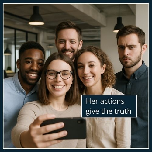 Woman taking a selfie with colleagues while her partner stands excluded beside her.