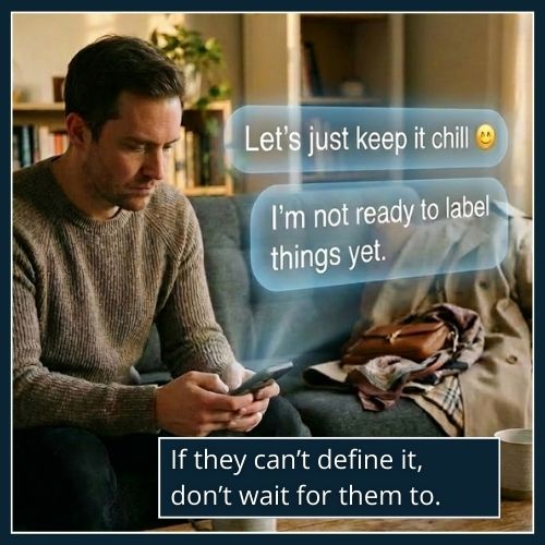 A man sits beside an empty space on a sofa, with 3D message bubbles above his phone reading “Let’s just keep it chill 😊,” showing emotional unavailability.