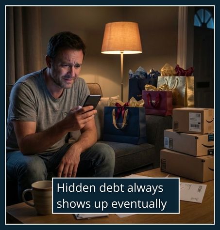 A man looks at his phone beside unpaid bills and shopping bags, showing the strain of a partner’s hidden debt.