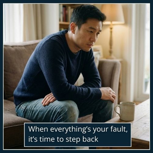 A man listens quietly while a woman talks, his expression calm but weary, reflecting emotional fatigue from constant negativity.