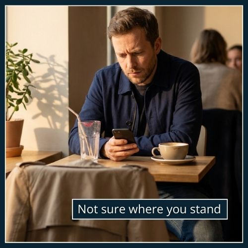 Man sitting alone at a café table with two drinks and an empty chair, showing an undefined relationship.