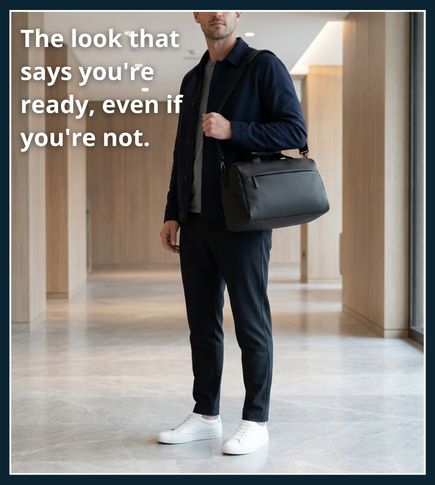 Man wearing a fitted T-shirt, quarter-zip, tapered joggers, and minimal trainers in a clean gym setting suitable for lifting and everyday wear