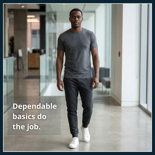 Man wearing clean, simple athleisure basics with minimal trainers in a neutral indoor setting, suitable for gym and casual wear