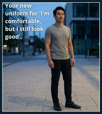 Well-presented man wearing a fitted plain crew neck T-shirt in an urban evening setting, clean and put together after the gym