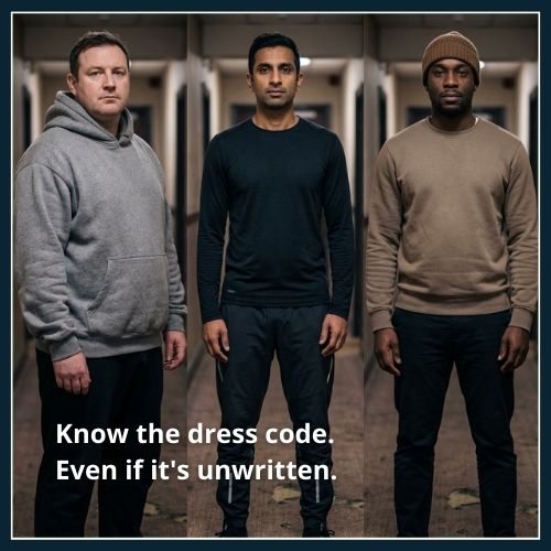 Three men wearing hoodies, technical joggers, and headwear that look out of place outside the gym