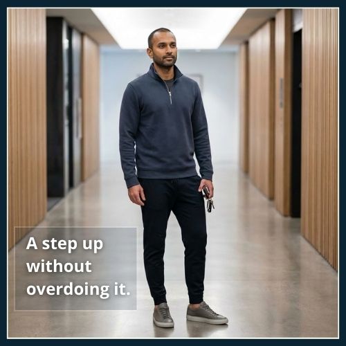 Man wearing refined athleisure basics with clean cuts and minimal trainers in a modern indoor setting suitable for gym and casual wear