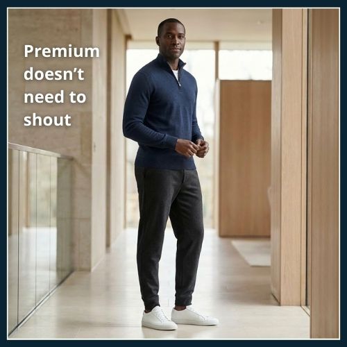 Man wearing refined premium athleisure with clean lines and minimal trainers in a polished indoor setting suitable for gym and social wear