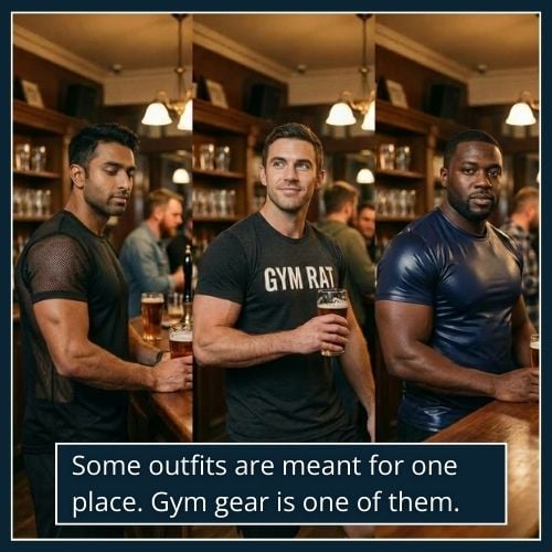 Three men in a pub wearing mesh gym tops, logo gym shirts, and shiny polyester tops that look out of place in a bar setting