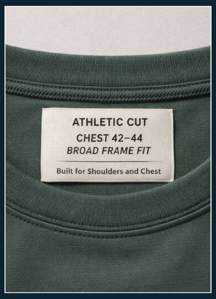 image of the inside back neck label of a premium athletic top. The garment is a deep forest green stretch performance crew neck laid flat on a neutral light surface. The woven label reads: ATHLETIC CUT CHEST 42–44 BROAD FRAME FIT