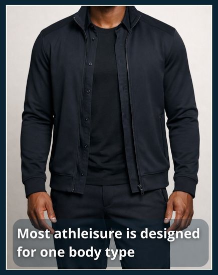 male model wearing perfectly tailored layered athleisure: fitted crew neck t shirt, open lightweight shirt, and structured track jacket. All garments precisely fitted to his frame.