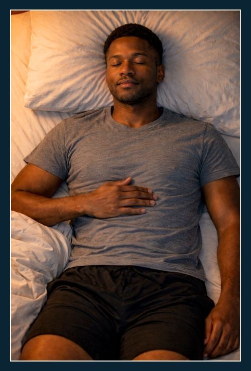 A man lying comfortably on his back in bed with his hand placed on his belly. He is doing breathing exercoses