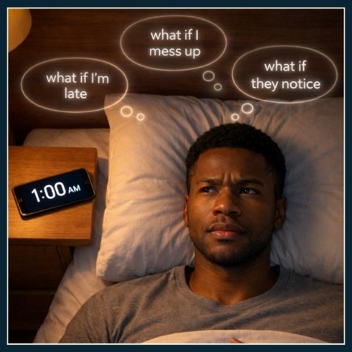man trying to fall asleep in bed. Above his head there are thought bubbles that show he is experiencing anxiety about the future, so he can't sleep. His phone shows it is 1.00am.