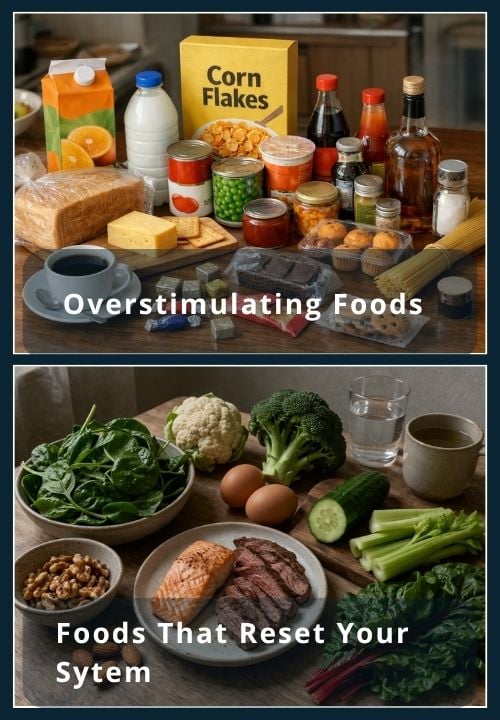 Split image top half shows a table full of processed and preserved packaged foods with high levels of sugar and grains. The second half shows unprocessed green food that resets your system.