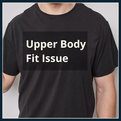 man with sloping shoulders wearing a black tshirt that is twisting across the front