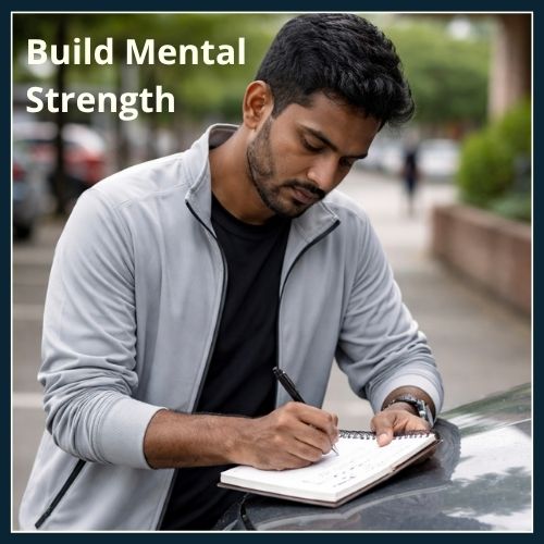 Man writing fears, to-dos and worries in a notepad. He is leaning on the bonnet of his car.
