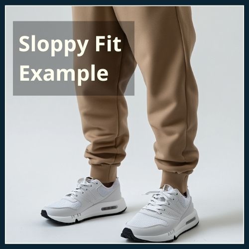 lower half view of man wearing joggers which are too long and too baggy for him, showing the wrong fit for joggers