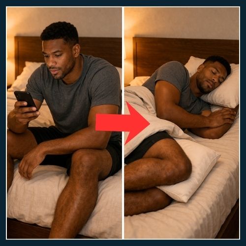 Split image: one side shows man scrolling while sitting on his bed. The other side shows the same man sleeping comfortably in bed. CBT-I helps to reset the brain to recognise that your bed is for relaxation only.