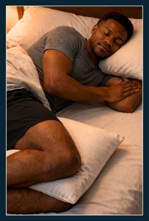 A man lying on his side with a pillow placed comfortably under his head, supporting his neck. He has a pillow between his knees.