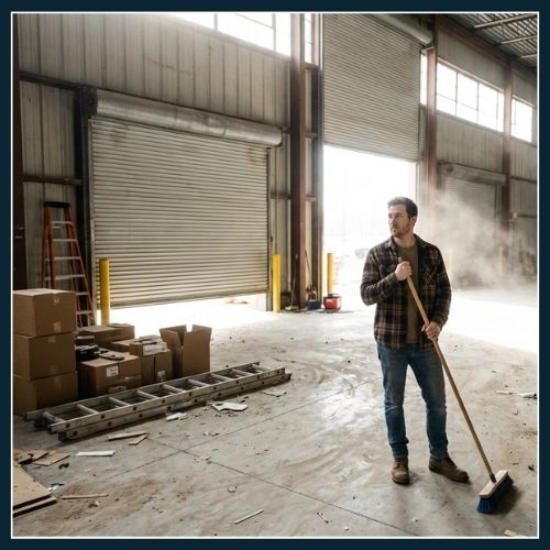 a man standing alone mid-clean up in a warehouse in preperation for new beginnings.