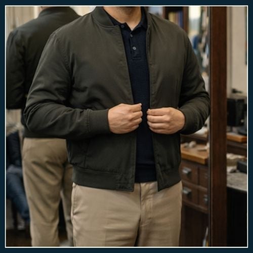 man wearing bomber jacket and chinos, checking the fit of his clothing in the mirror